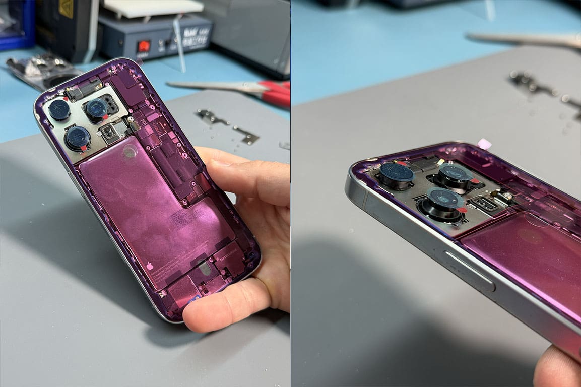 vymena zadniho skla iphone 16 pro v prubehu opravy